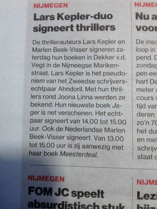 Signeren met (het schrijversechtpaar) Lars Kepler